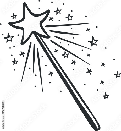 A whimsical illustration of a magic wand with sparkling stars and a glowing effect.