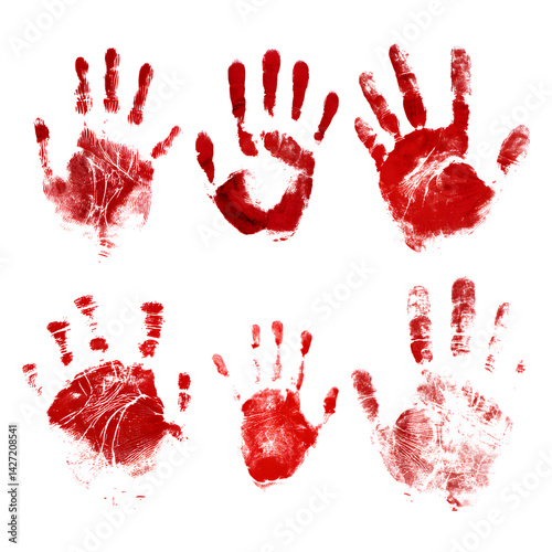 Set hand print in red paint isolated on white --v 7.0
