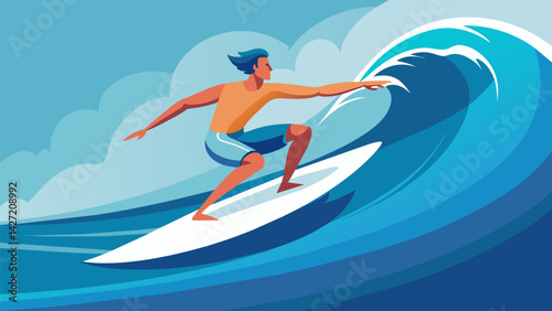 A skilled surfer effortlessly carves up and down the face of a towering wave their body perfectly in sync with the motion of the ocean.. Vector illustration