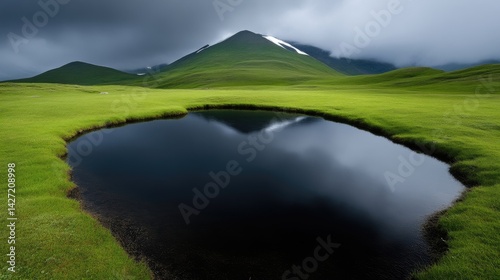 Serene alpine lake reflecting dramatic mountain peaks