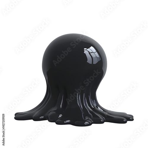 Glossy Black Melting Sphere with Dripping Tentacles for Abstract Art and Surreal Digital Illustration