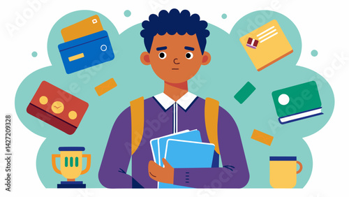 A struggling student taking on multiple credit cards to pay for essentials like groceries and ries due to the strain of tuition and housing costs.. Vector illustration