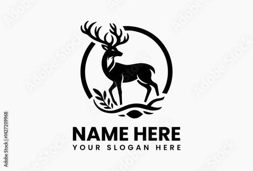 Minimalist deer vector logo icon in black silhouette style, isolated forest animal illustration for outdoor and wildlife-themed branding 