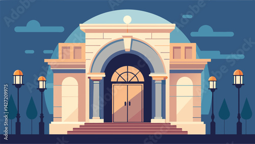 The main entrance of the renovated building now featuring a grand archway and statement lighting making it a focal point of the façade.. Vector illustration
