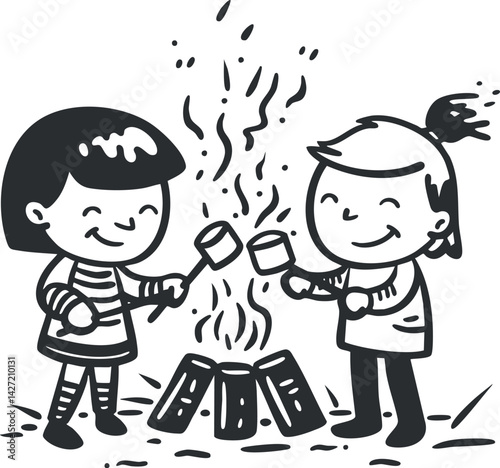 Two happy children toasting marshmallows over a campfire in a playful outdoor setting