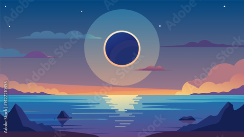 In the midst of a stoic eclipse even the most turbulent of seas can be calmed.. Vector illustration