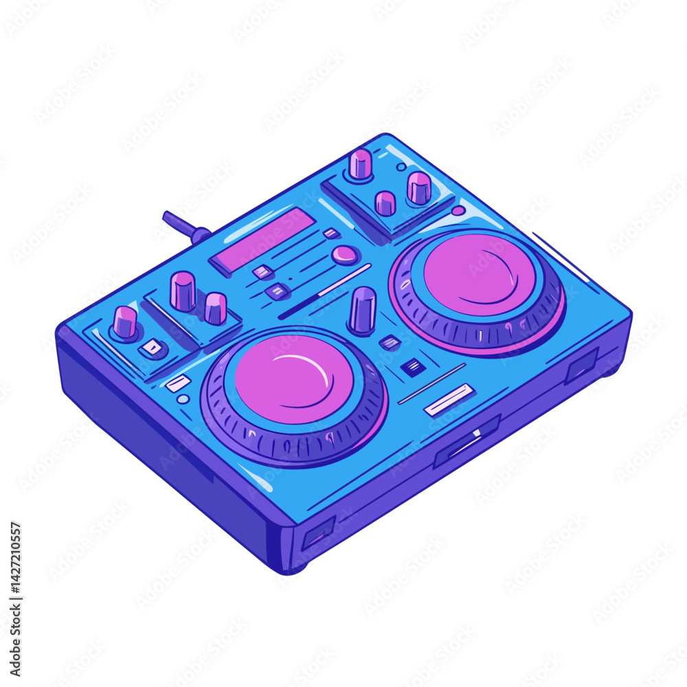 Fototapeta premium A funky cartoon DJ spinning vinyl records, complete with humorous retro double turntables, a mixer, and music studio or dance club equipment, serving as a mascot for a DJ party and a cartoon sticker