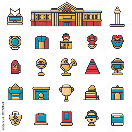Theater museum icons are set, featuring a modern outline of thin line color flat icons on a white background
