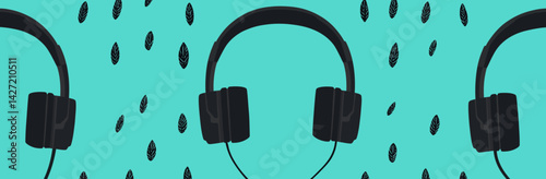 Multiple identical headphones are arranged on a bright blue background, symbolizing a modern music concept with a repeating top view layout, suitable for a headset trend wallpaper in a flatlay style