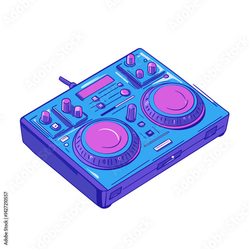 A funky cartoon DJ spinning vinyl records, complete with humorous retro double turntables, a mixer, and music studio or dance club equipment, serving as a mascot for a DJ party and a cartoon sticker
