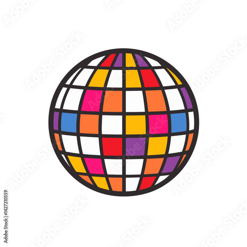A disco ball is a type of disco equipment that features mirrored and colored elements which reflect light, serving as a retro decorative element, depicted here as a flat icon with an outline in a