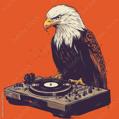 A bald eagle works as a DJ at a Fourth of July celebration, playing music from vinyl records on turntables, as depicted in a minimalist illustration featuring bright hues and a retro modernist