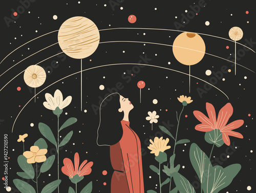 A flat design illustration features intertwined planetary orbits and floral patterns, with a meteor visible in the background and humans and leaves seamlessly integrated