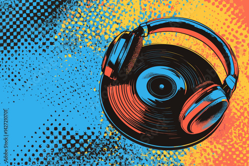 A contemporary DJ headphone design, characterized by its flat shape, rests on a record and is illustrated with geometric accuracy and bright hues