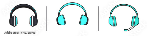 A modern set of headphones icons is available in black and blue hues