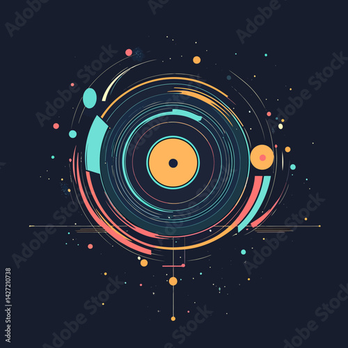 Modern illustration of a stylized DJ turntable abstract icon set against a black background with vibrant colors