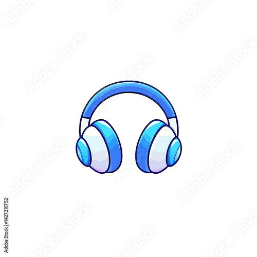 A blue headphone or earphone, depicted as a wireless music accessory and stereo gadget, is shown in an isolated flat modern illustration