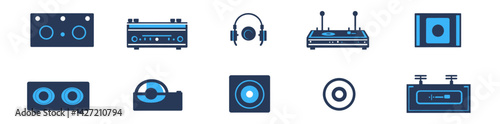 Modern turntable icons are depicted in black and blue hues, suitable for web and UI design
