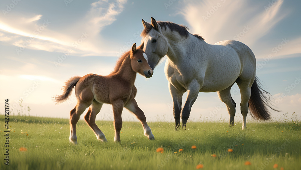 Obraz premium Playful Foal with Mother in a Green Meadow