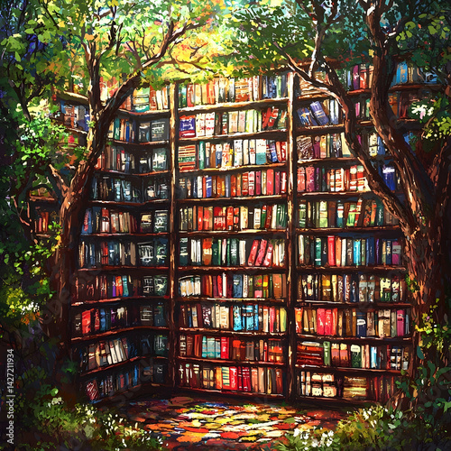 Enchanting outdoor library nestled in lush forest, bookshelves overflowing with literature, sunlight filtering through leaves, perfect for education, reading, and fantasy themes