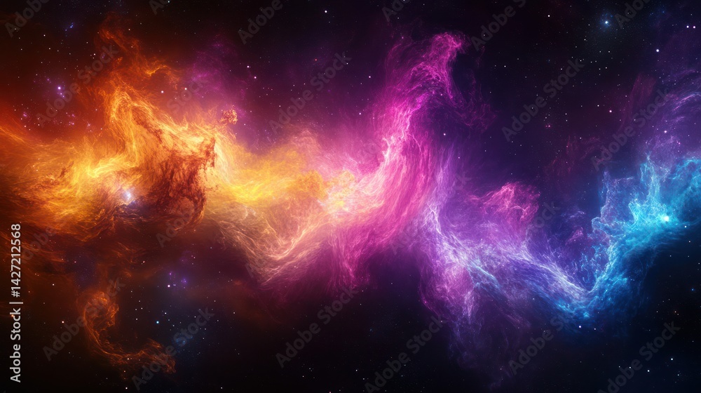 Colorful nebula featuring swirling clouds and celestial bodies in space Colorful nebula featuring swirling clouds and celestial bodies in space