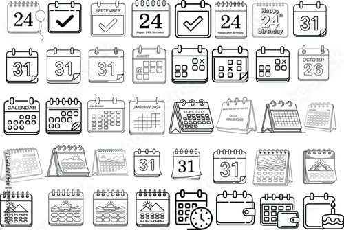 Calendar Icons Hand-Drawn Style Black and White Sketches Various Date Designs Appointment Symbols Scheduling Elements Planner Illustrations