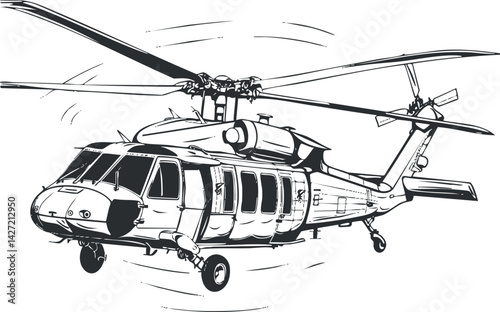 Illustration of a helicopter in flight showcasing its rotor system and design features.