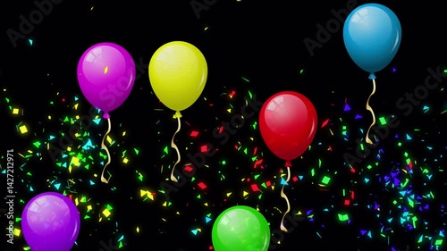 Animated Multi-Colored Confetti Falling Over Balloons on Transparent Background.