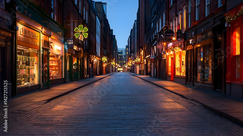 Pixelated Evening Street Scene With Illuminated Shops