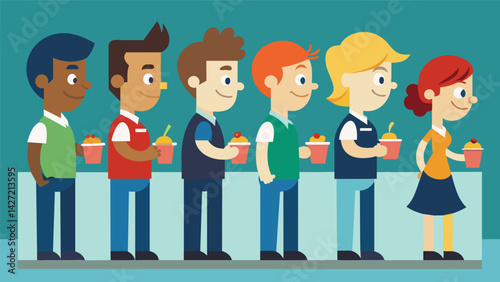 A lineup of eager contestants anxiously awaiting their turn to chow down on chilly treats.. Vector illustration