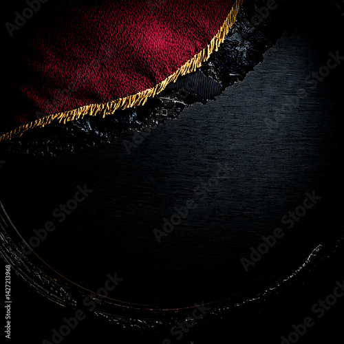 Dark luxury round background, red velvet drape, golden trim, abstract texture, ideal for product display