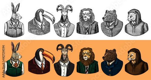 6 different animals and birds in humans clothes and suits. Lion, tuscan bird and bear next to rabbit and goat for drinks or emblems. Anthropomorphic wild animals drawing. Hand drawn sketchy old style