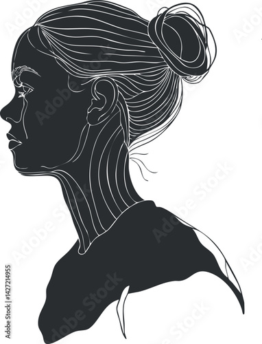 A minimalist line art illustration of a woman's profile with a hair bun and elegant features.