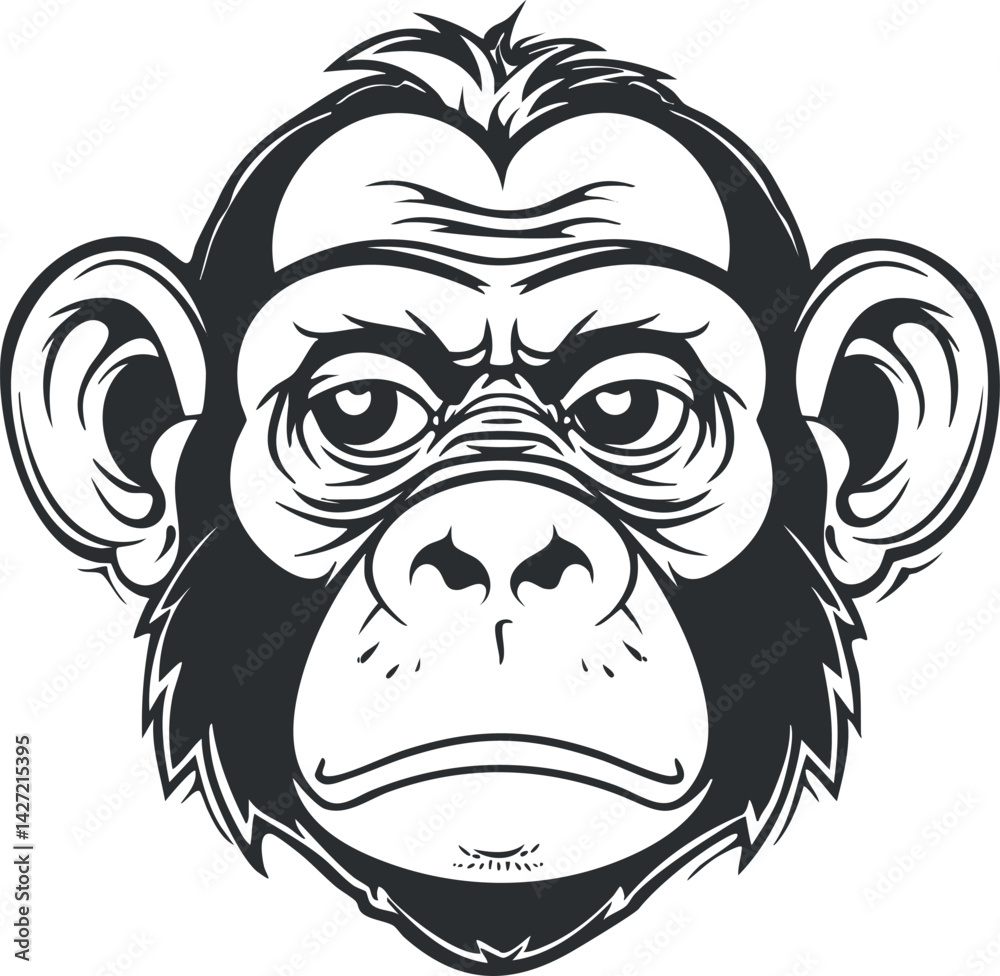 Fototapeta premium A detailed black and white illustration of a chimpanzee face showcasing its expressive features.