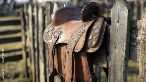 Rustic Ranch Saddle on Weathered Fence.