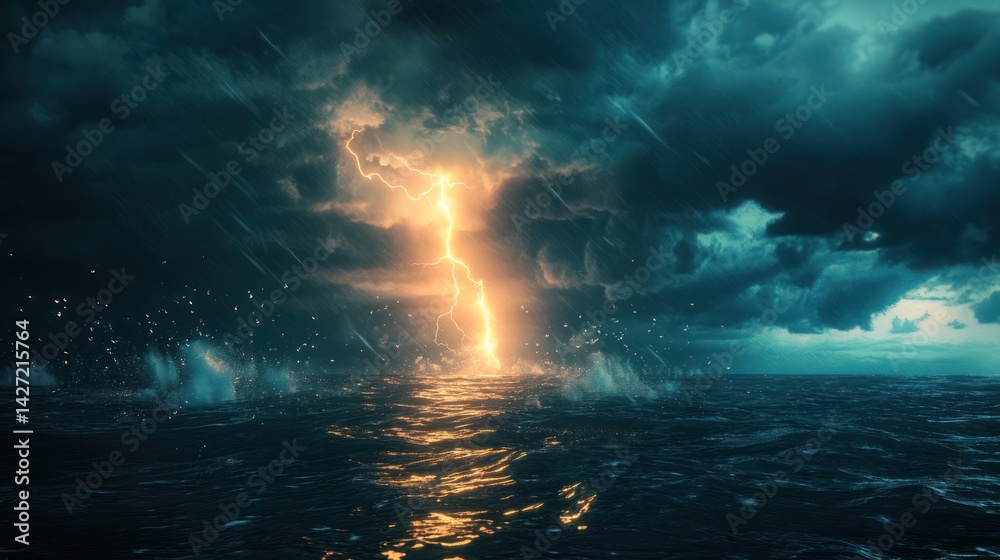 Fototapeta premium Lightning strikes the ocean during a dramatic and powerful storm