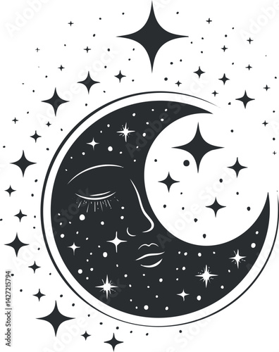 A beautiful illustration of a crescent moon with a serene face surrounded by stars.