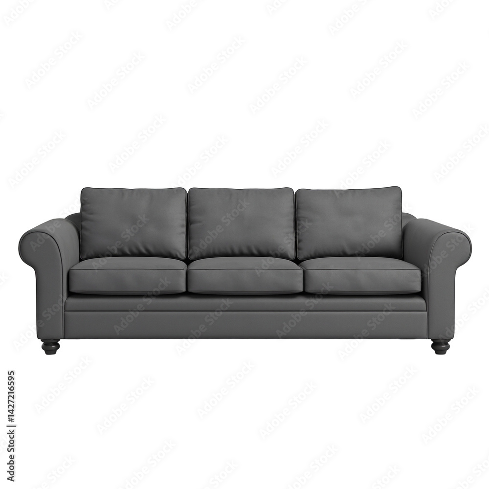Isolated classic rolled arm fabric sofa in dark gray on white background Isolated classic rolled arm fabric sofa in dark gray on white background