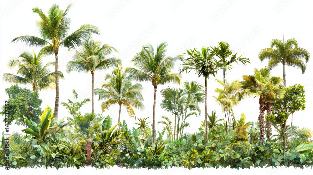 Obraz premium An assortment of lush tropical palm trees and various greenery flourishes abundantly against a stark white backdrop in a vibrant display of nature's beauty here.