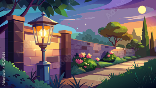 Very beautiful A modern outdoor wall sconce illuminates a garden with a warm glow at dusk.