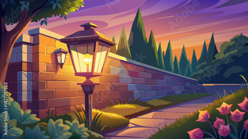 Very beautiful A modern outdoor wall sconce illuminates a garden with a warm glow at dusk.