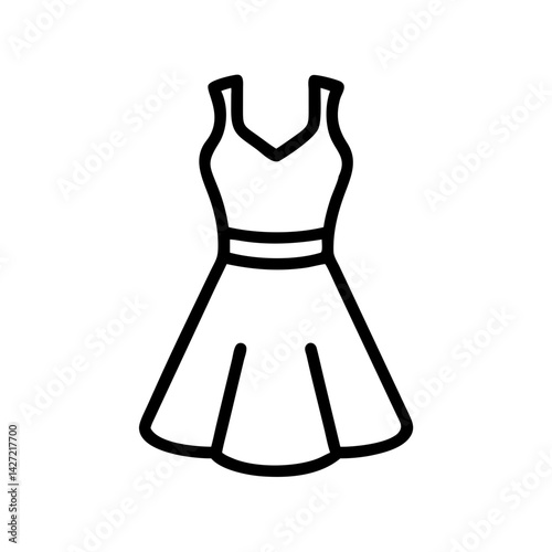 Simple outline drawing of a sleeveless dress with a v neck and a cinched waist belt design element
