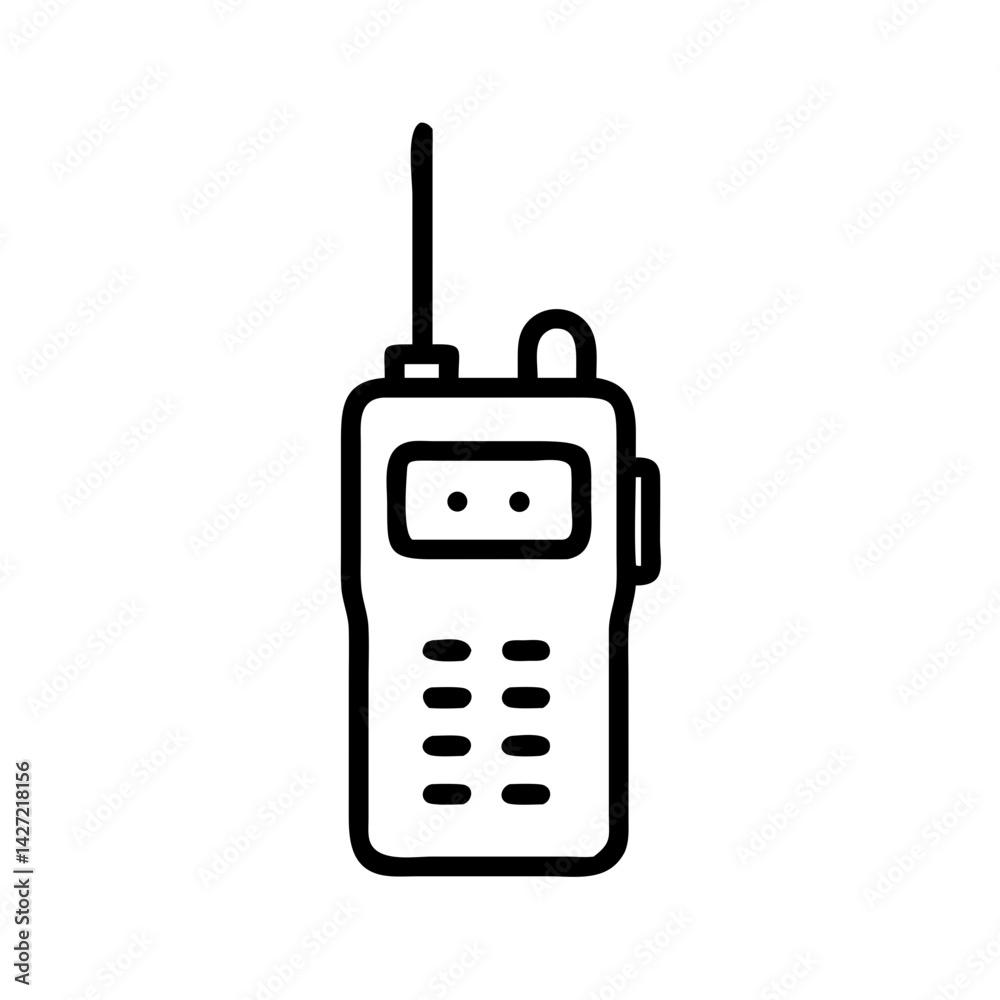 Illustration of a simple black and white walkie talkie with antenna and buttons on a white background