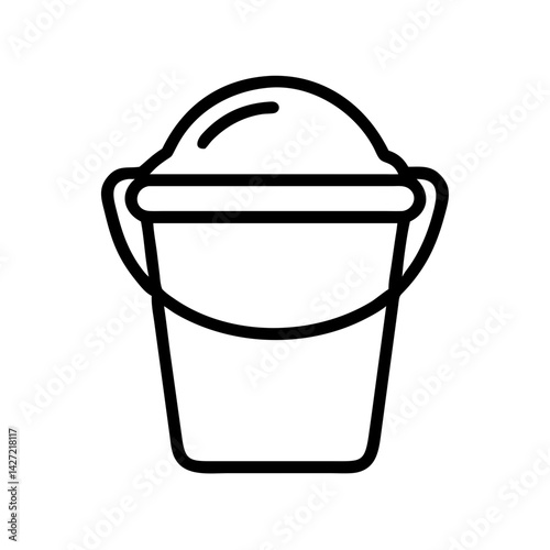 Outline drawing of a bucket filled to the brim with a rounded substance in black and white style