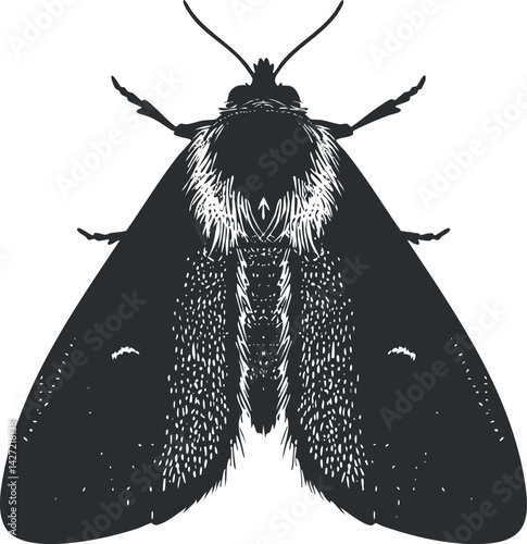 Detailed illustration of a moth showcasing its wings and body structure in black and white.