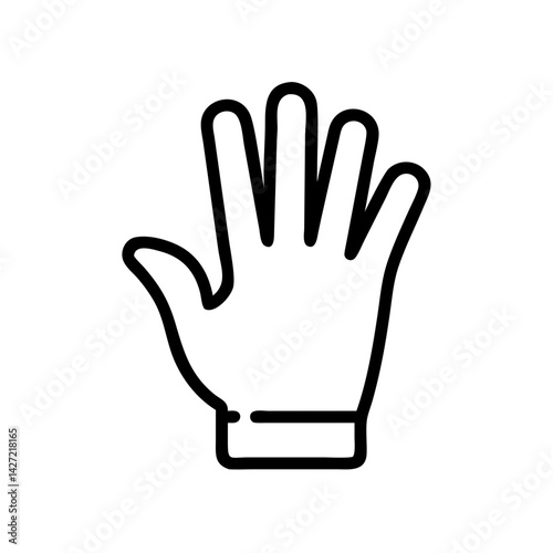 Outlined hand with five fingers extended in a gesture of stopping or greeting on a white background