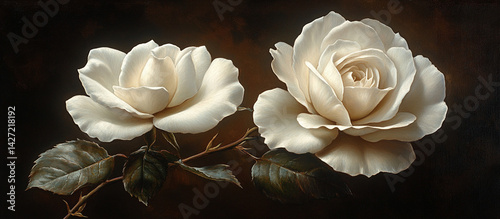 Two Exquisite Cream Roses in a Dark Setting. photo