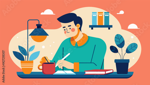 A man sits in a coffee shop scribbling notes in the margins of his copy of the Tao Te Ching finding new meaning in its lessons on living a simple and. Vector illustration