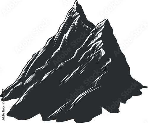 A stylized black and white illustration of a majestic mountain peak.