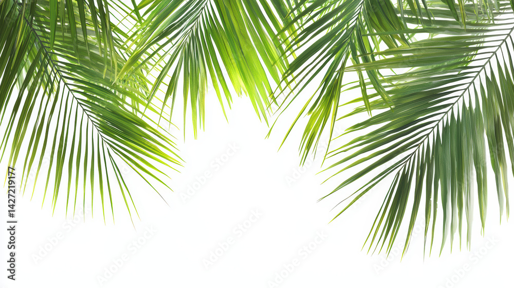 Naklejka premium Vibrant green palm fronds cascade from above, creating a lush, tropical border against a clean white backdrop, evoking a sense of serene island escape in summer.